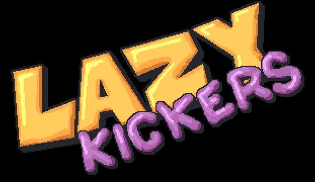 Lazy Kickers: Slanted chunky cartoon letters with glossy shading and thick outline.