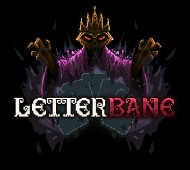 Letterbane: Pixel-art gothic serif, white-to-red title with crowned specter above.
