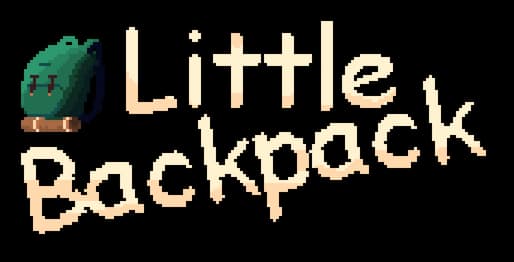 Little Backpack: Chunky pixel-art lettering with rough edges, backpack icon at left.