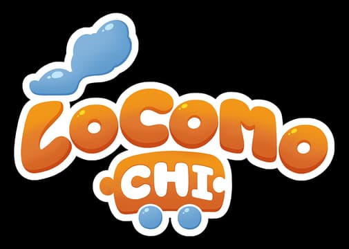 Locomochi: Rounded bubble letters with orange gradient, thick white outline, cloud puff accent.