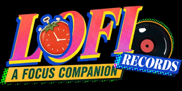 Lofi Records: Bold retro serif letters with drop shadow, record icon, banner tag.