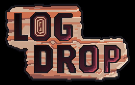 Log Drop: Pixel-art wood-plank lettering with dark outline and carved log “O”.