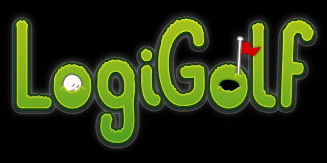 LogiGolf: Rounded green letters with grass texture, bold outline, golf hole flag icon.