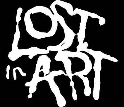 Lost in Art: Rough hand-painted brush lettering, uneven strokes, bold stacked layout.