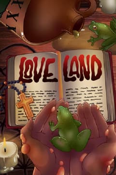 Loveland: Dripping horror-style red lettering split across an open book cover.