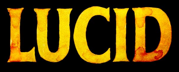 LUCID: Large distressed serif lettering with fiery gold gradient and grime texture.