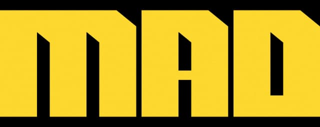 MAD: Bold block letters with beveled edges, yellow gradient fill and subtle shadow.