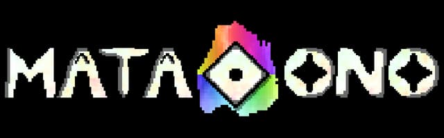 MataOno: Pixelated jagged white lettering with rainbow-glow diamond die icon in center.