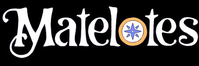 Matelotes: Curvy serif wordmark with purple outline; compass rose replaces “o”.