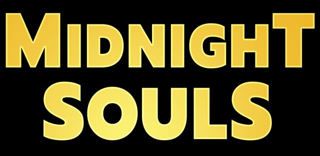 Midnight Souls: Bold gold block letters with beveled 3D shading and subtle shadow.