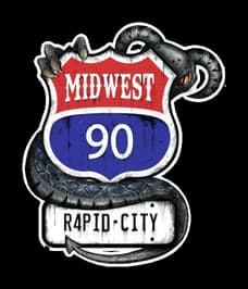 Midwest 90: Grungy highway shield badge with bold serif text and coiled snake wrap.