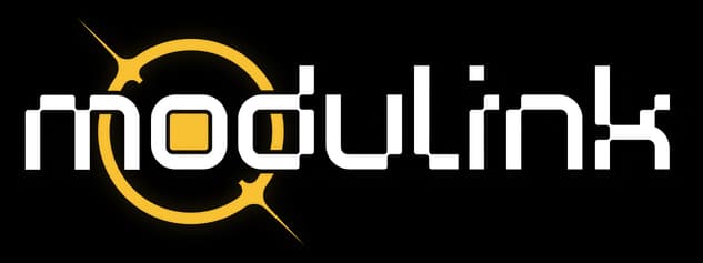 Modulink: Rounded sci-fi wordmark with thick black outline and gold ring accent.