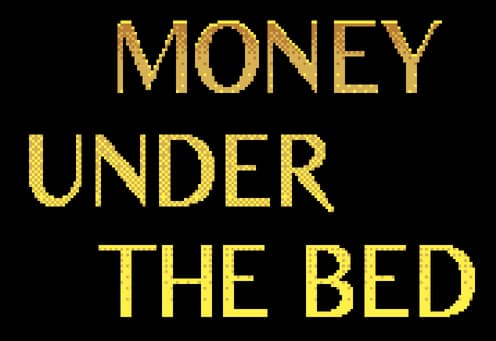 Money Under the Bed: pixelated gold serif letters with subtle bevel and shine.