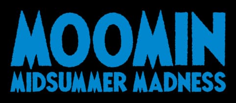 Moomin: Bold rounded block letters with a thick outline and stacked subtitle text.