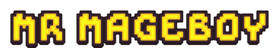 MR MAGEBOY: chunky pixel font with yellow glow, thick dark outline, subtle 3D depth.