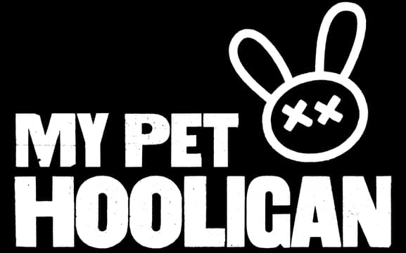 My Pet Hooligan: Bold block letters with glitch cuts, plus bunny head icon with X eyes.