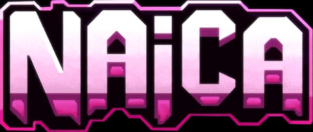 NAICA: Bold beveled block letters with white-to-magenta gradient, heavy outline.