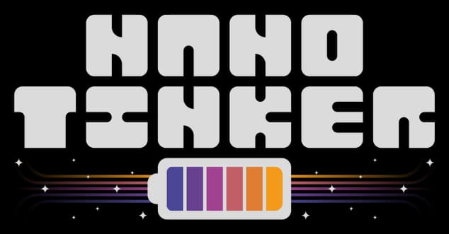 NANOTINKER: Chunky rounded block letters with inset cuts, rainbow chip underline.