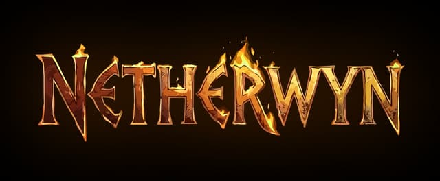Netherwyn: jagged medieval serif letters with gold glow, fiery highlights, dark outline.