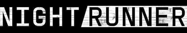 NightRunner: Bold sans-serif split by slash, distressed glitch texture, boxed RUNNER.