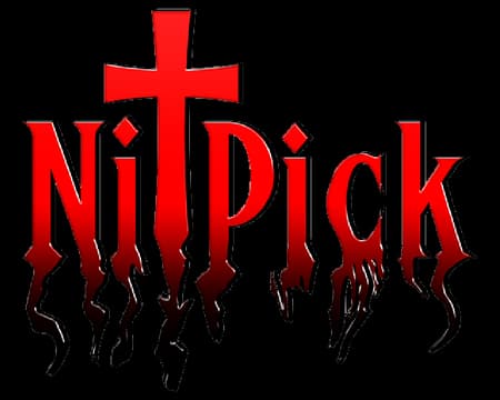 Nitpick: Gothic red serif letters with cross-shaped T and dripping edges effect.