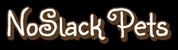 NoSlack Pets: Playful font with swirling 'S' and 'P'; warm brown and white colors.