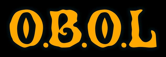 O.B.O.L: Bold, rounded serif letters with thick dark outline and soft glow effect.