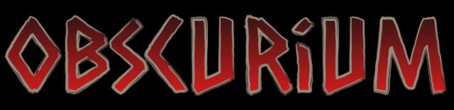 Obscurium: Jagged hand-drawn letters with red fill and rough gray outline/shadow.