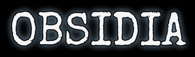 Obsidia: Hand-drawn block letters with black outline, white fill, blue glow halo.