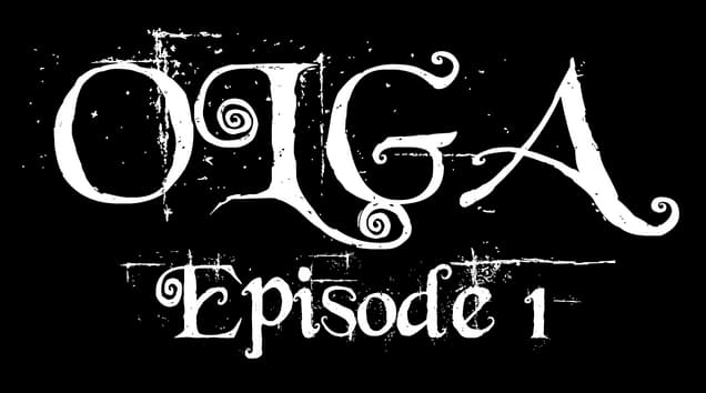 Olga: Distressed ornate serif lettering with curled flourishes and grunge specks.