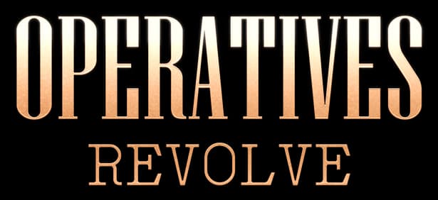 OPERATIVES: Tall serif letters with beveled metallic gradient and subtle texture.