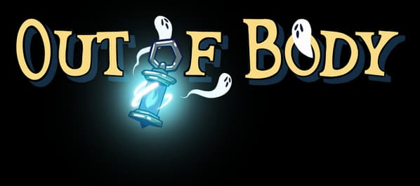 Out of Body: Bold serif lettering with blue glow, hourglass icon, ghost-shaped O's.