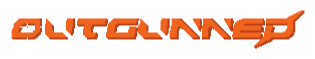 OUTGUNNED!: Slanted angular 3D orange letters with bold shadow and lightning tail.