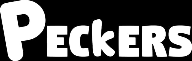 Peckers: Chunky rounded white letters with subtle shadow and horizontal speed lines.