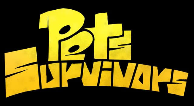 Pets Survivors: Chunky curved letters in worn yellow, arched wordmark with shadow.