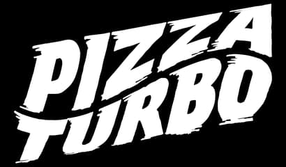 Pizza Turbo: Bold italic slanted lettering with rough distressed edges and speed streaks.