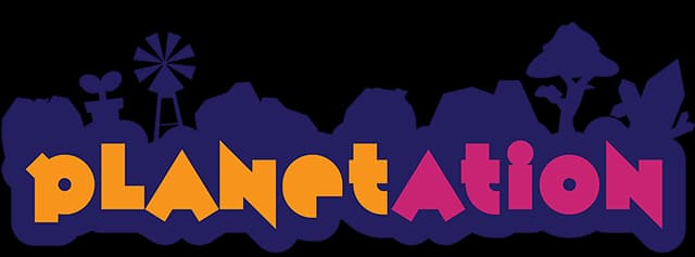 Planetation: Bold rounded block letters in orange-to-pink gradient with dark outline.