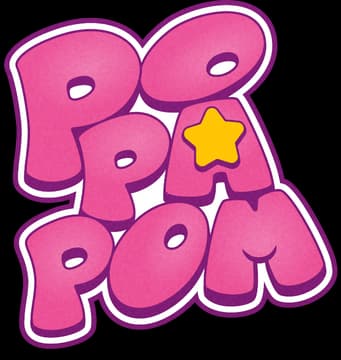 POPAPOM: Chunky rounded bubble letters, pink gradient, white outline, yellow star accent.