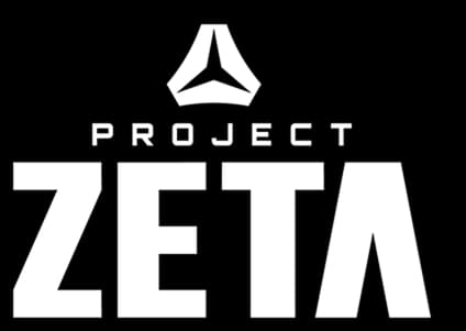 Project ZETA: Bold block lettering with thick outline, stacked layout and angular emblem.