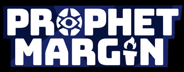 Prophet Margin: Bold block lettering with eye icon as O and torch-shaped I in Margin.