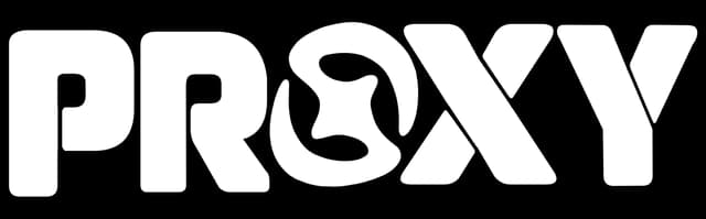 PROXY: Bold blocky sans-serif wordmark, with a sliced, glitch-like break in O.