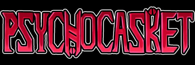 PSYCHO CASKET: jagged gothic caps in red gradient, thick black outline, glow edge.