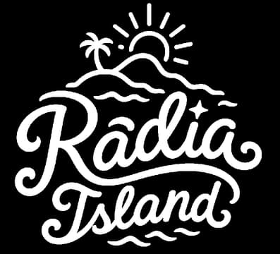 Radia Island: Bold brush-script lettering with sun-and-island silhouette above.