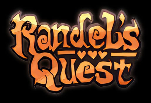 Randel’s Quest: bold curled serif lettering with orange gradient and dark outline.