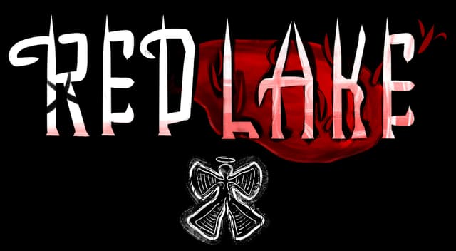 Red Lake: Tall distressed white letters with smeared red paint stroke and drip effects.