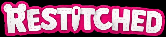 Restitched: Puffy stitched white letters with dotted seams and bold pink outline.