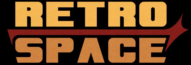 RetroSpace: Bold rounded block letters in gold, split by a red sci‑fi slash bar.