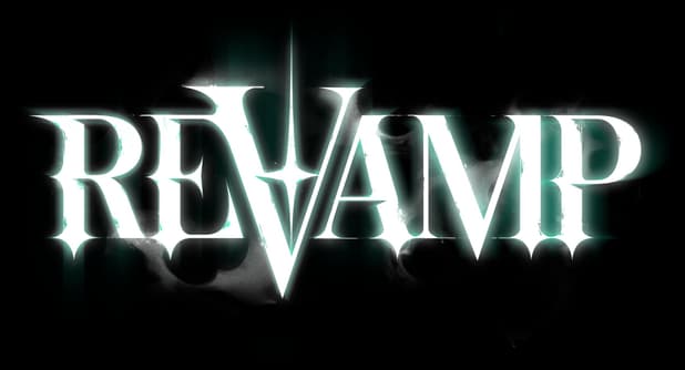 ReVamp: Beveled serif letters with icy glow, central V shaped like a blade spike.