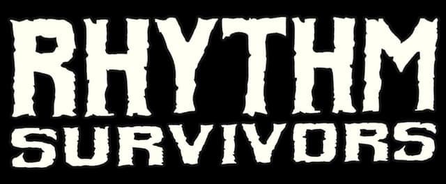 Rhythm Survivors: distressed jagged serif lettering with bold block subtitle and outline.