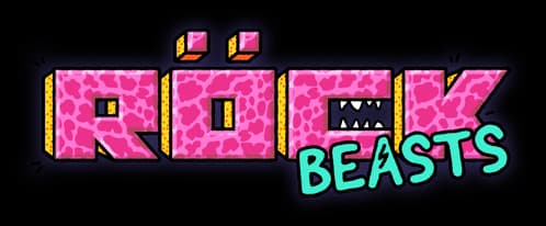 ROCKBEASTS: Chunky pink leopard-print letters with teal graffiti tag and bite mark.